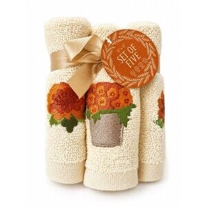 Thanksgiving Floral Washcloths Set of 5 Beige Embroidered Fall Face Cloths